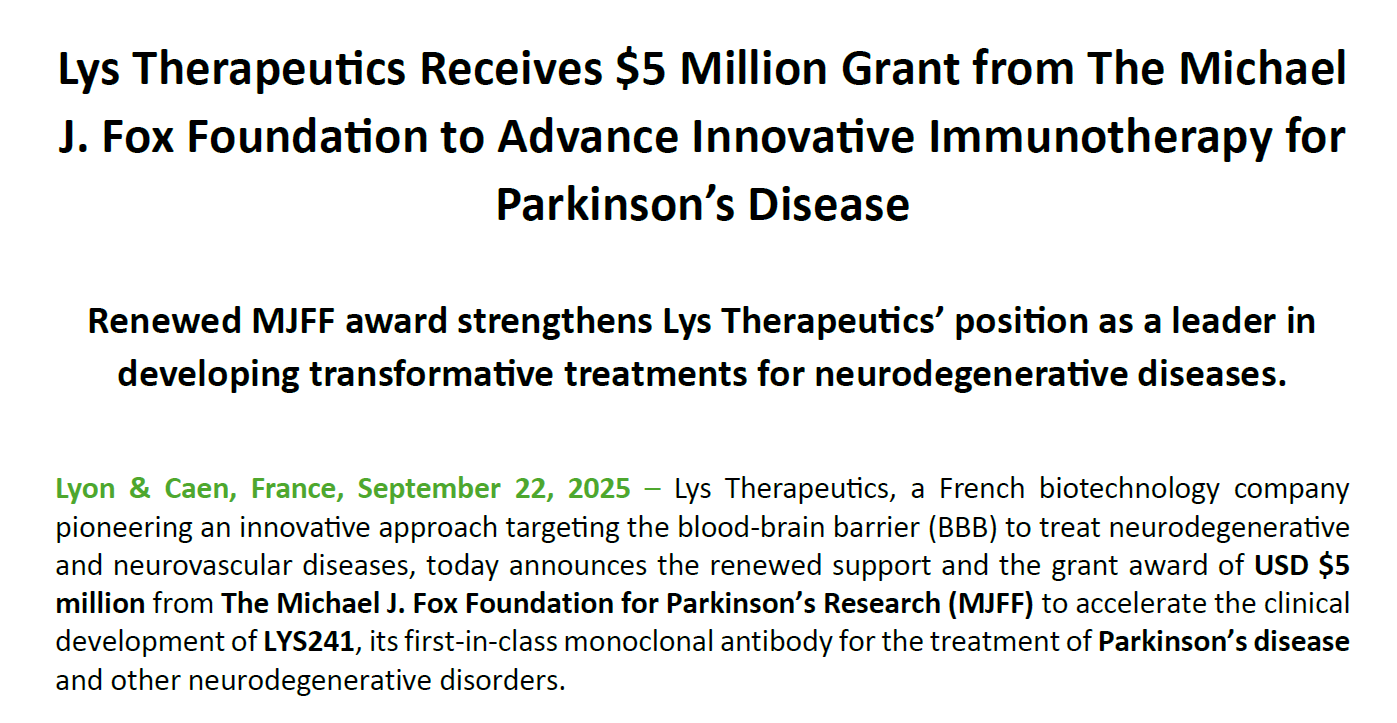 Lys Therapeutics Receives $5 Million Grant from The Michael J. Fox ...